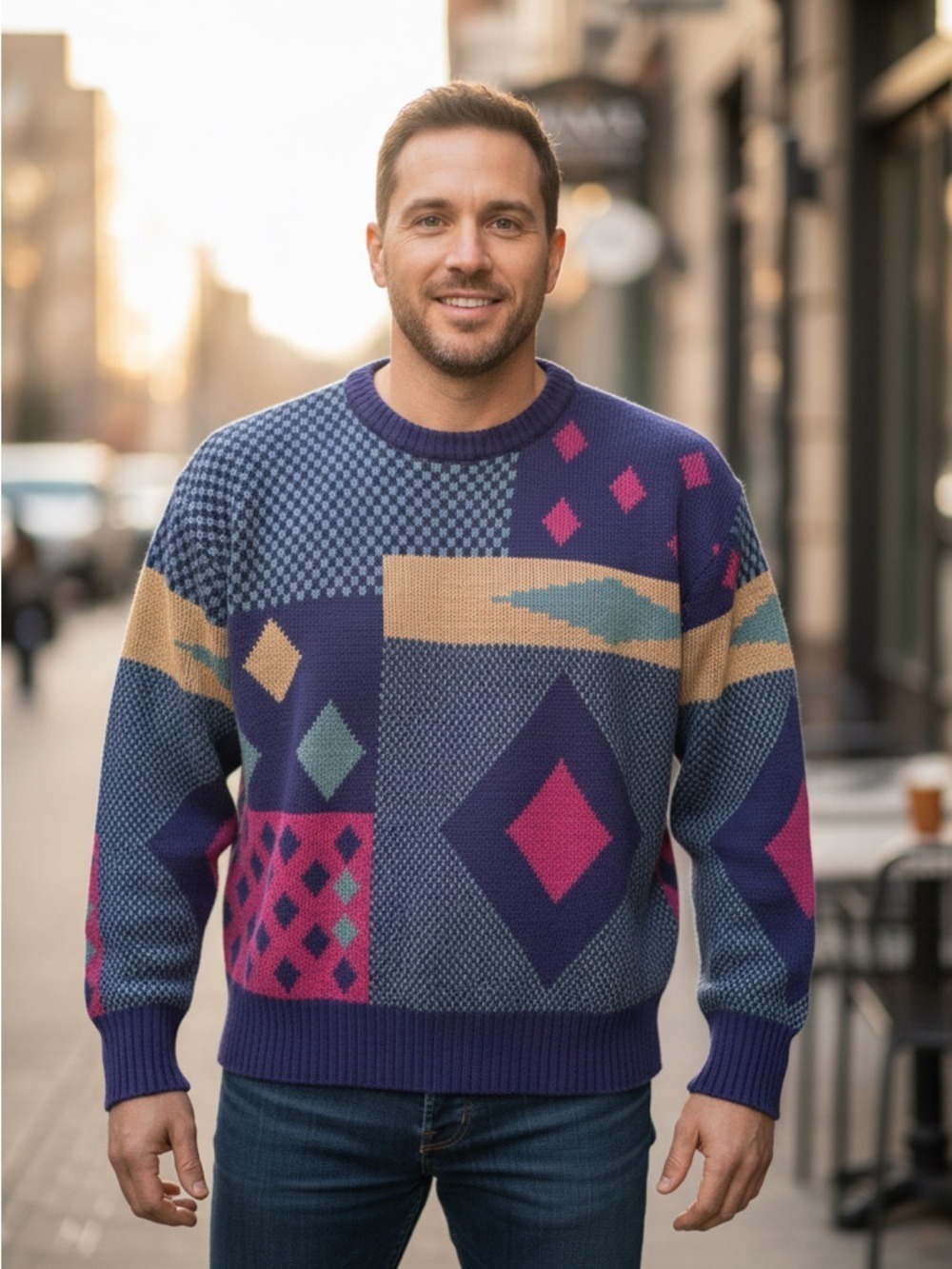 Vintage 90s Geometric Patchwork Knit Sweater Abstract Colorblock Grandpa Core L